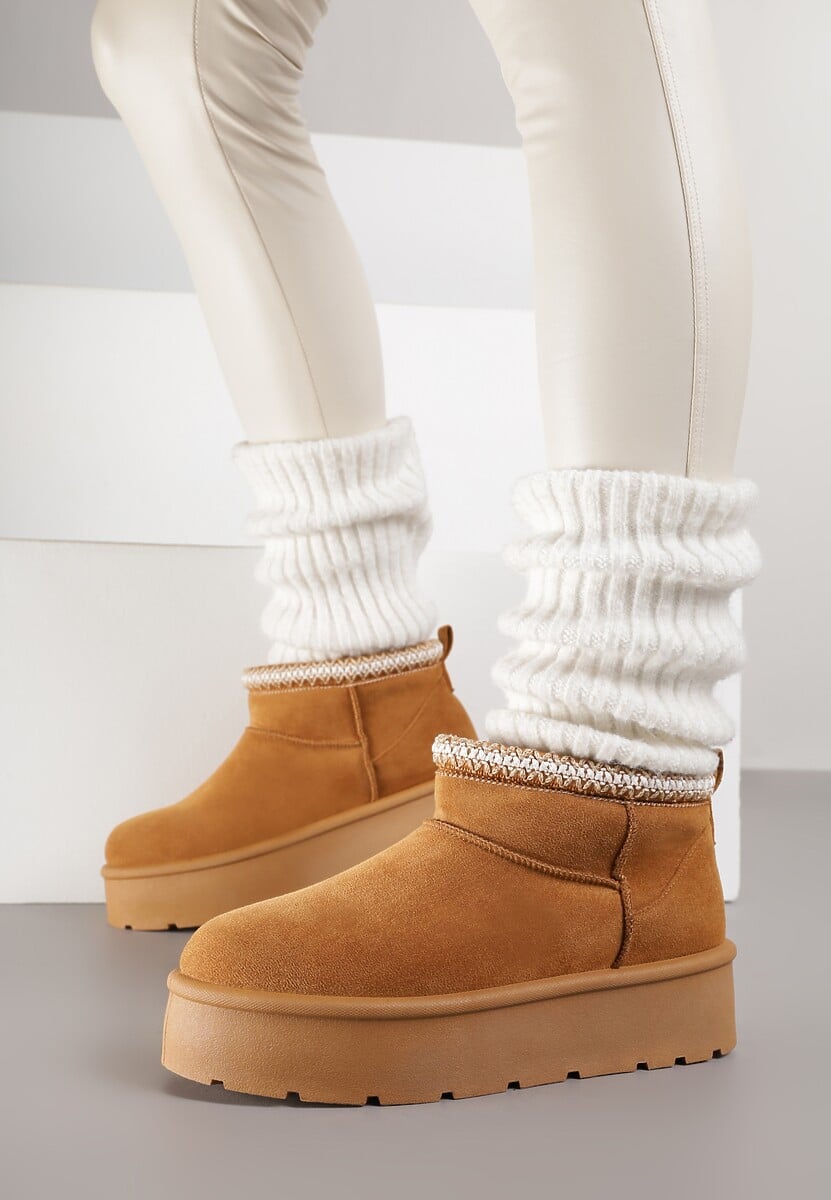 Brązowe Śniegowce na Platformie z Haftem przy Cholewce Sewnera 3