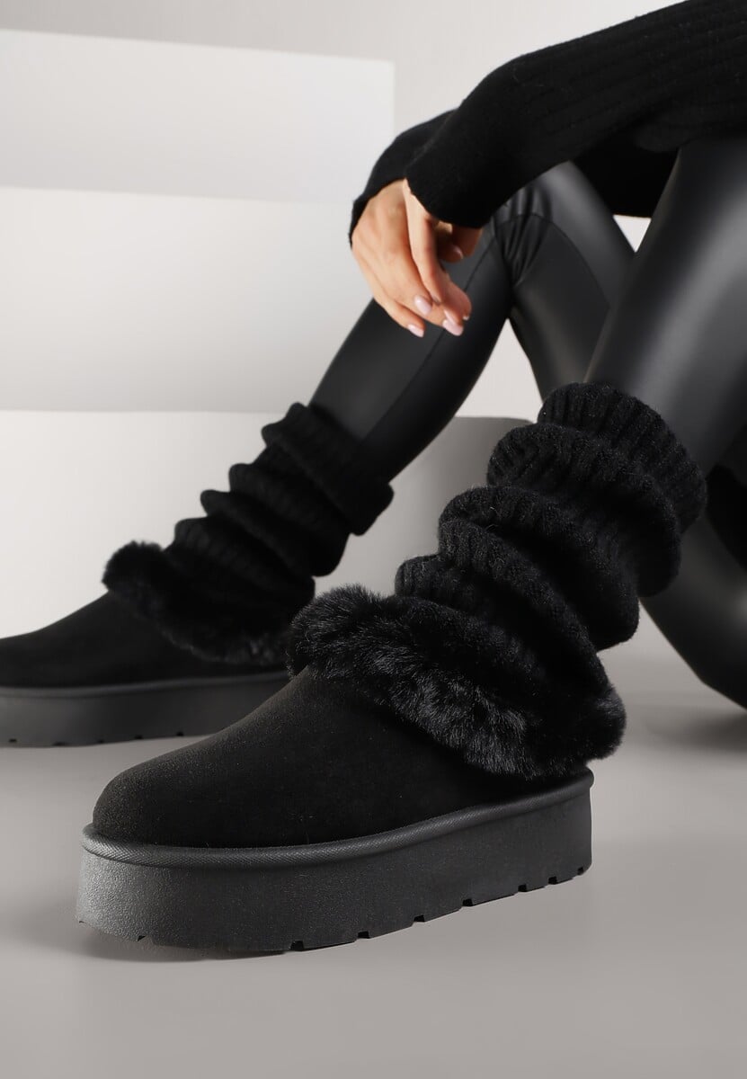 Czarne Krótkie Śniegowce na Platformie Ozdobione Futerkiem Sewlara 2