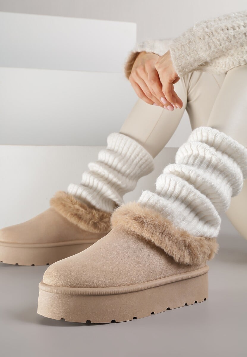 Ciemnobeżowe Krótkie Śniegowce na Platformie Ozdobione Futerkiem Sewlara 1