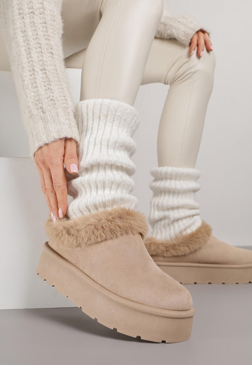 Ciemnobeżowe Krótkie Śniegowce na Platformie Ozdobione Futerkiem Sewlara 2