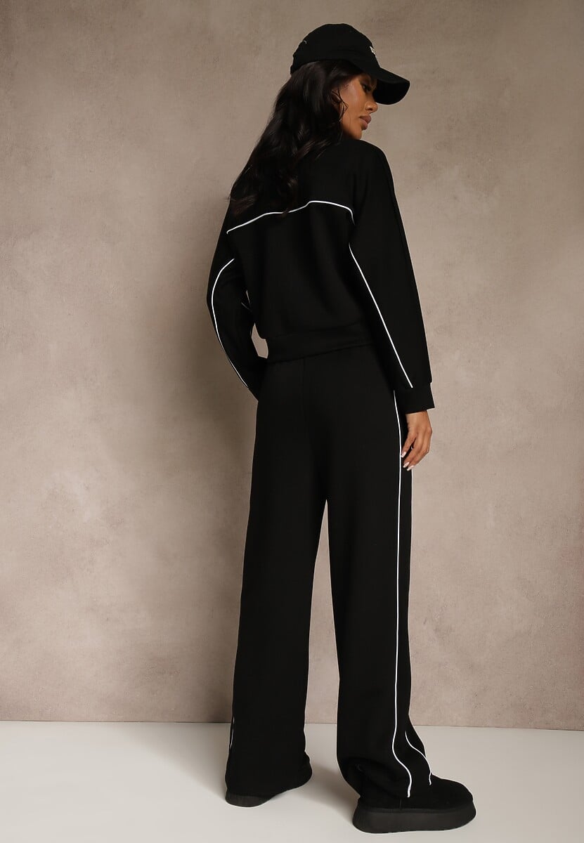 Czarny Komplet Dresowy w Stylu Retro Spodnie Wide Leg i Bluza ze Stójką Sewelia 3
