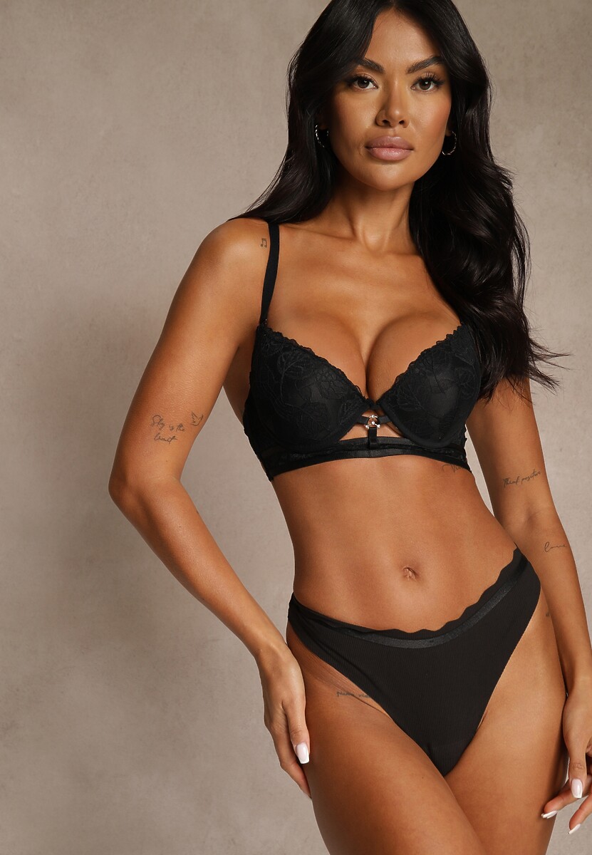 Czarny Koronkowy Biustonosz w Klasycznym Stylu z Aplikacją Galinassa 2