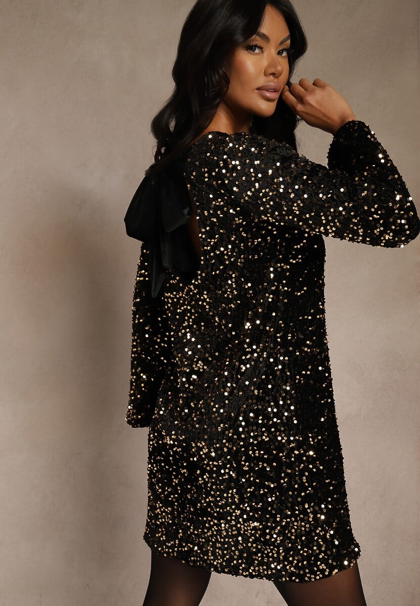 Złota Sukienka z Odkrytymi Plecami z Kokardą Zdobiona Cekinami Carilyera 1