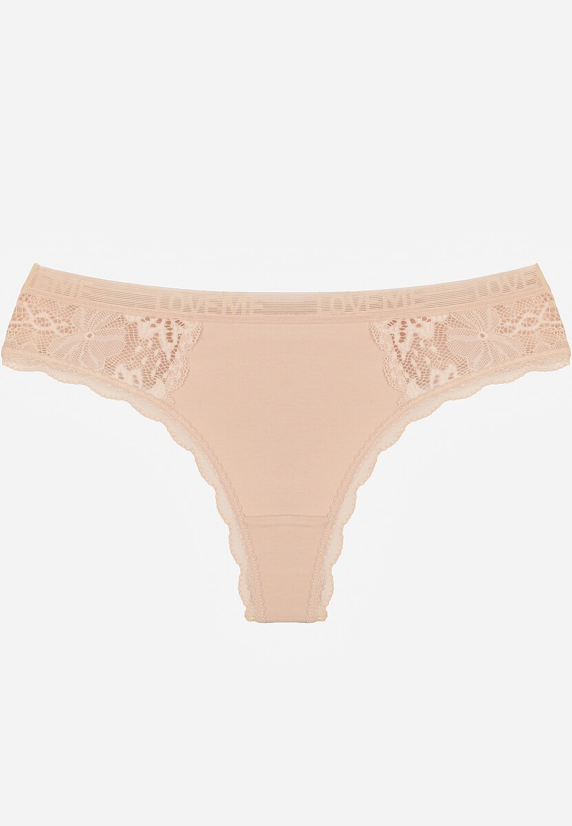 Beżowe Majtki Stringi Ozdobione Koronką z Bawełną Meniliphis 1
