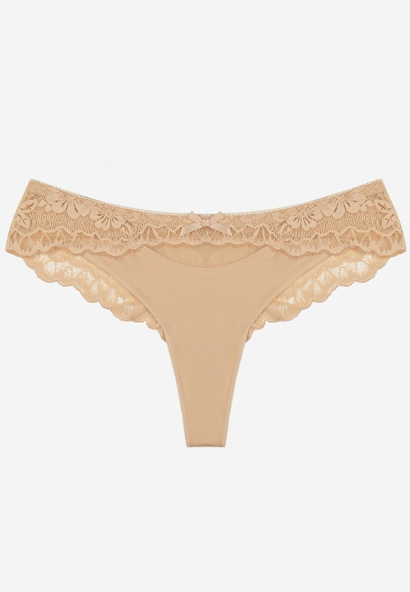 Beżowe Majtki Stringi Ozdobione Koronką Phisoris 1