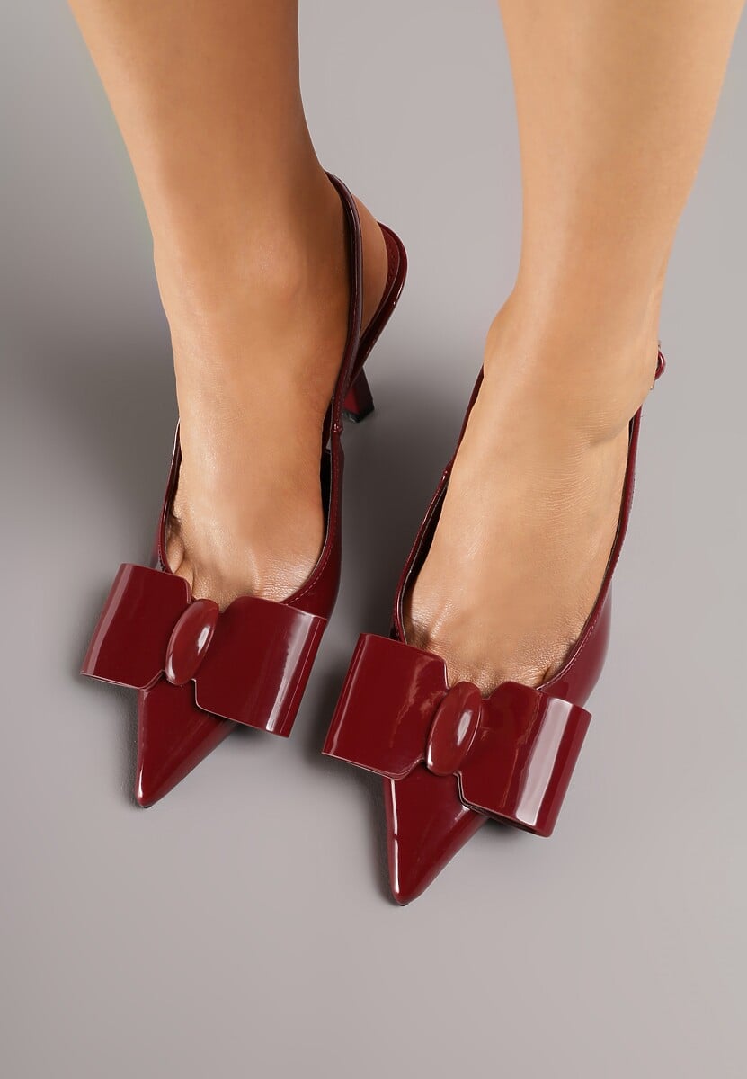Bordowe Szpilki Slingback z Lakierowanym Połyskiem Zdobione Kokardą Sewlira 3