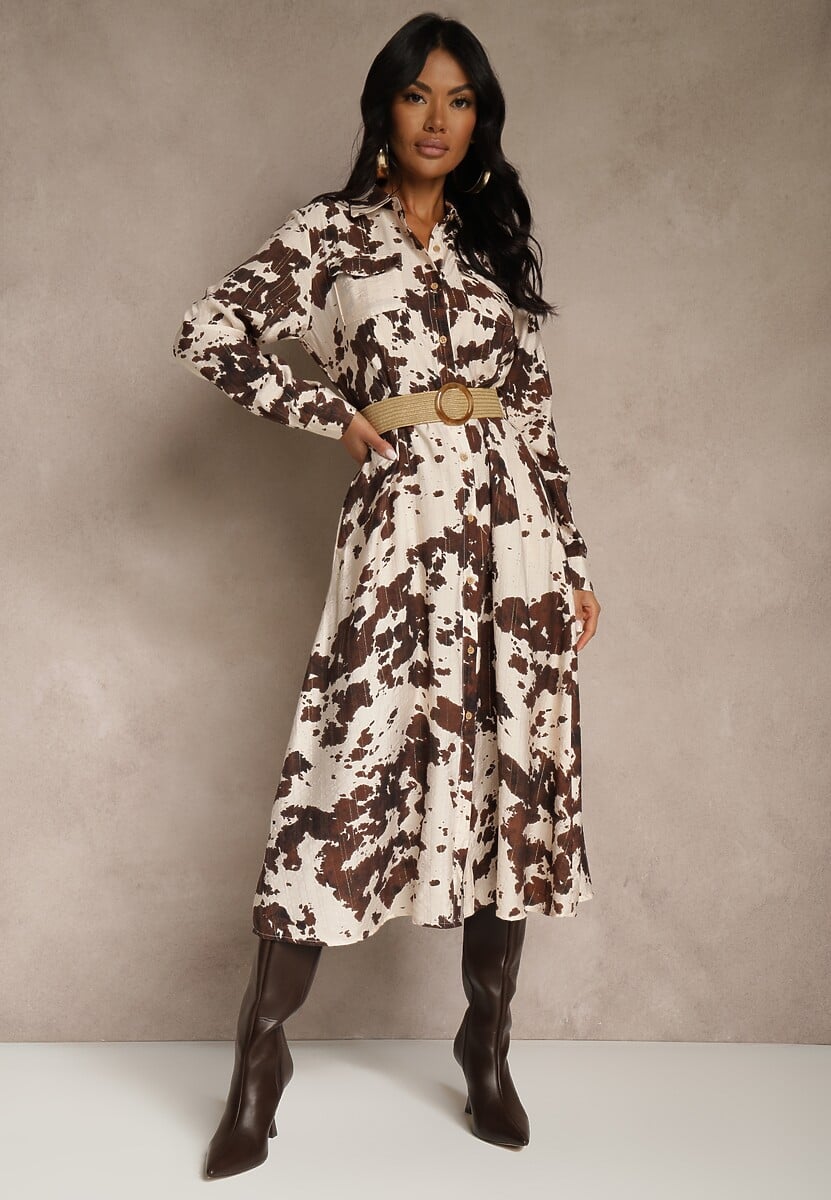 Brązowa Sukienka z Wiskozą o Koszulowym Kroju z Paskiem w Krowie Łaty Carlitia 1