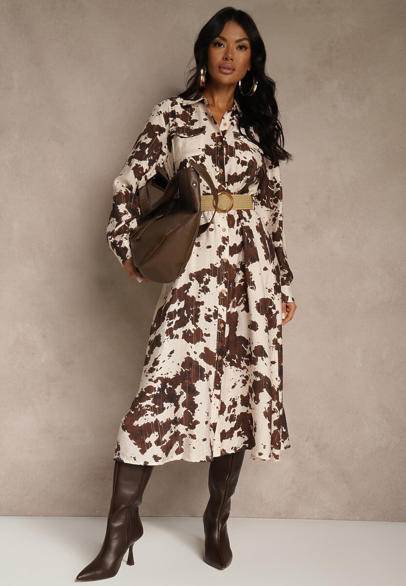 Brązowa Sukienka z Wiskozą o Koszulowym Kroju z Paskiem w Krowie Łaty Carlitia 2