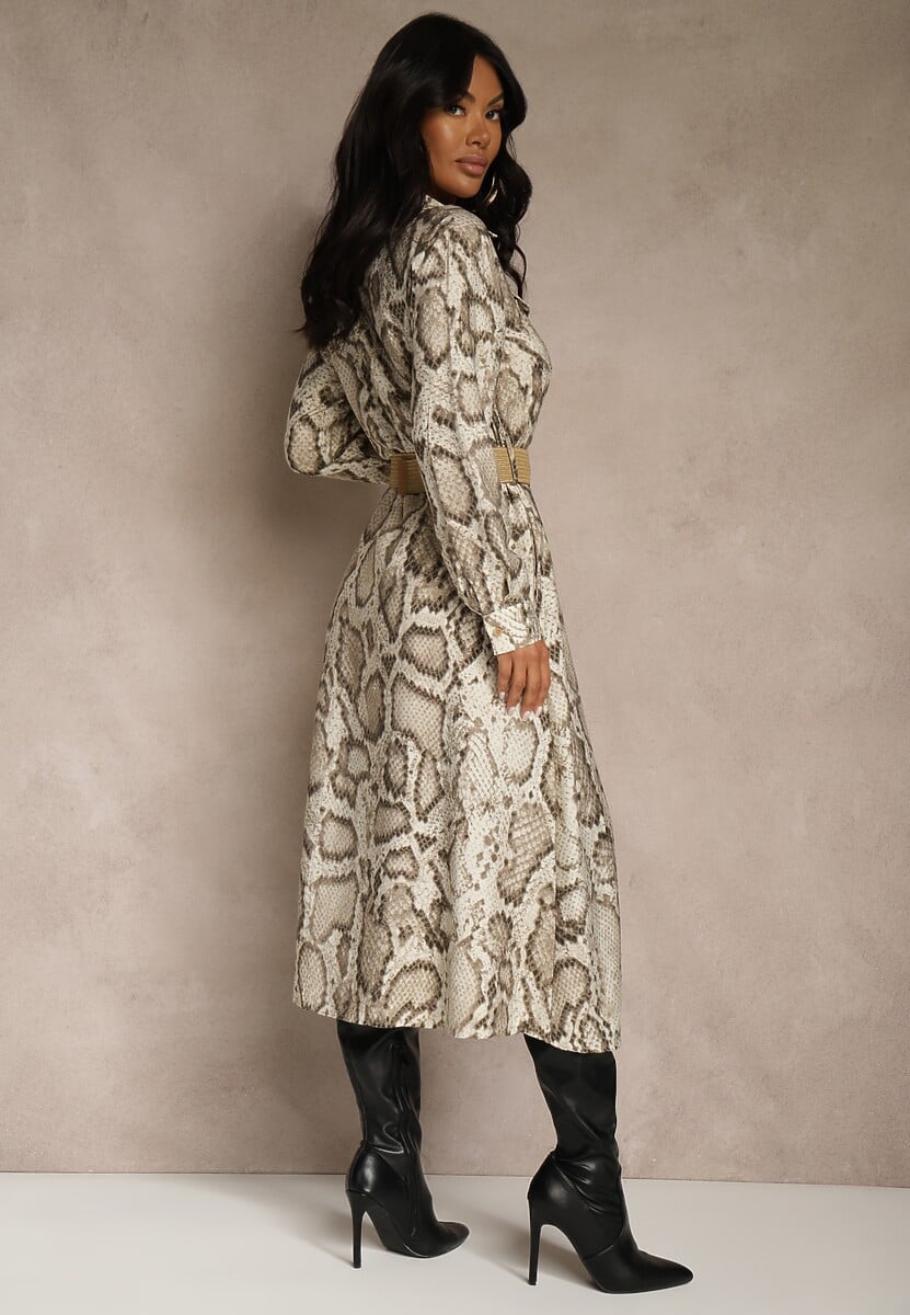 Beżowa Koszulowa Sukienka Snake Print z Wiskozą i Paskiem Bririn 3
