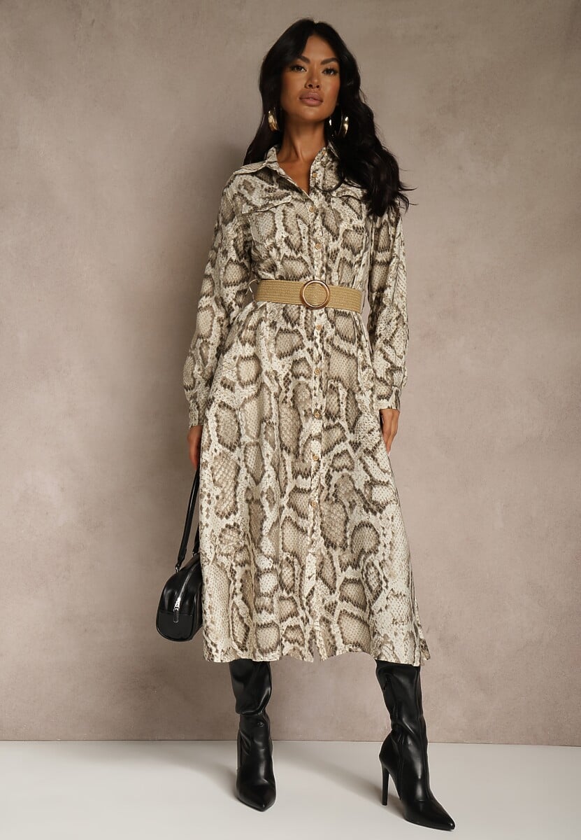 Beżowa Koszulowa Sukienka Snake Print z Wiskozą i Paskiem Bririn 1