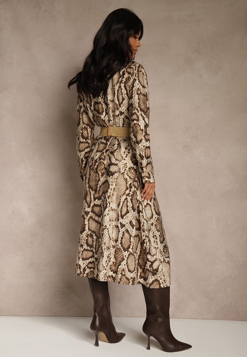 Brązowa Koszulowa Sukienka Snake Print z Wiskozą i Paskiem Bririn 3