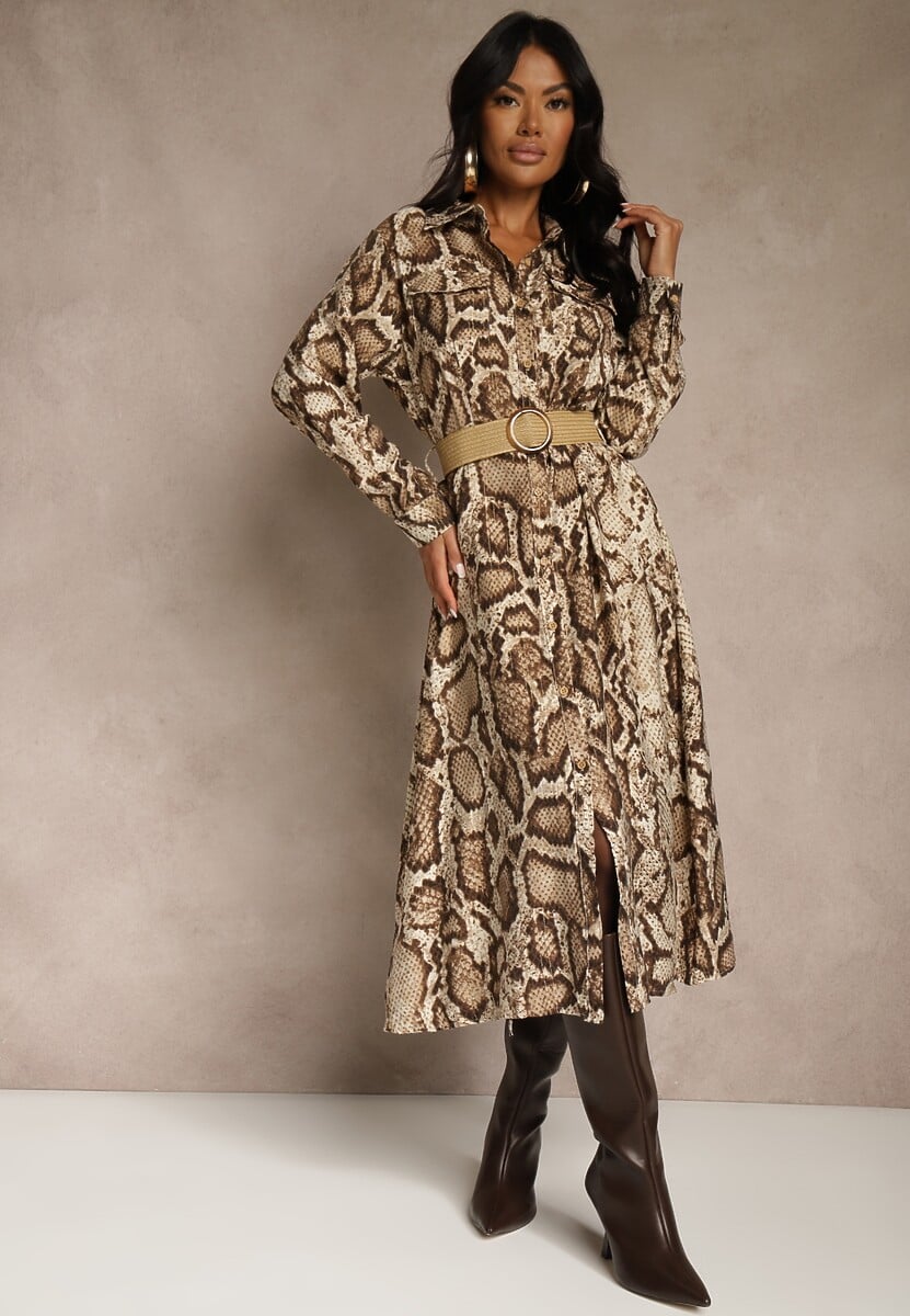 Brązowa Koszulowa Sukienka Snake Print z Wiskozą i Paskiem Bririn 1