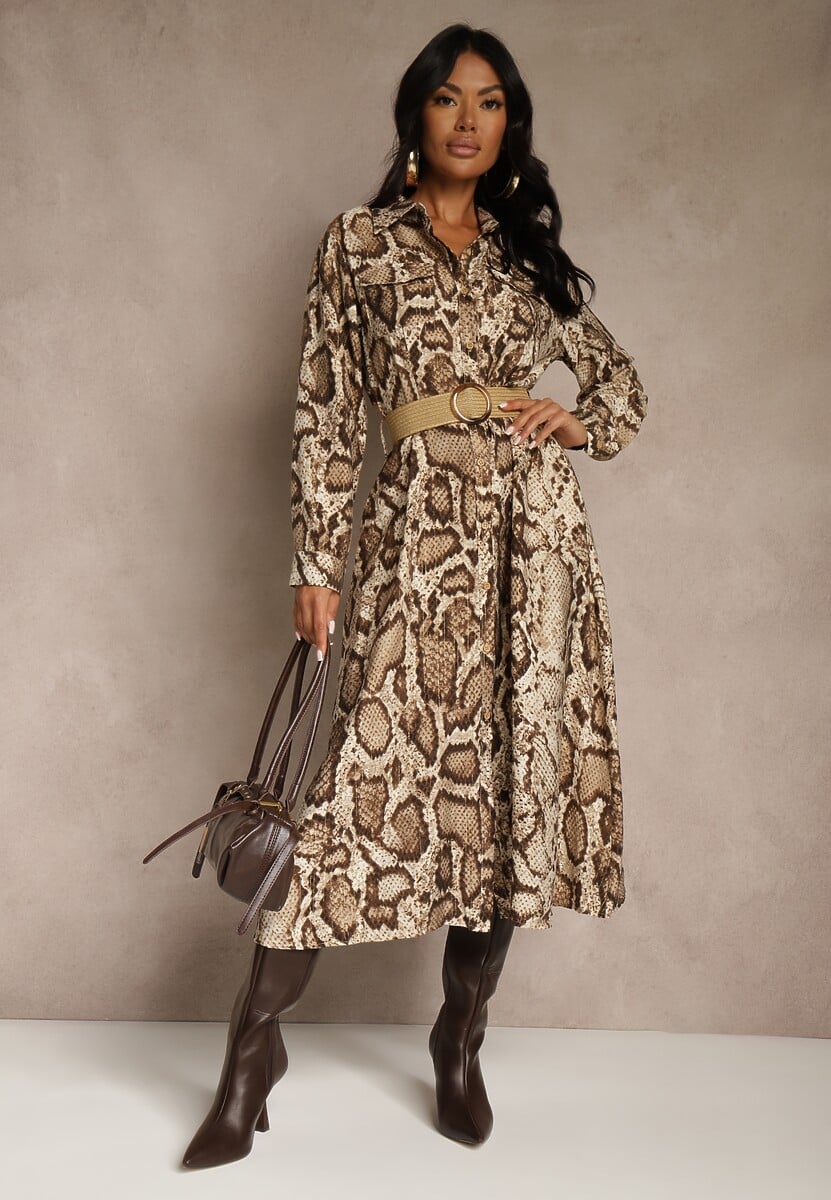 Brązowa Koszulowa Sukienka Snake Print z Wiskozą i Paskiem Bririn 2