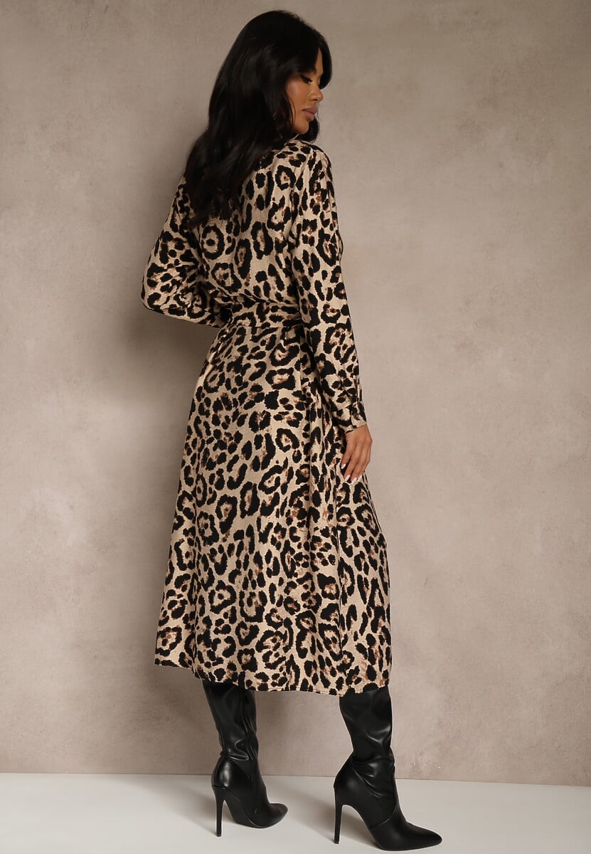 Panterkowa Panterkowa Sukienka z Wiskozą o Koszulowym Kroju z Wiązaniem Saros 3