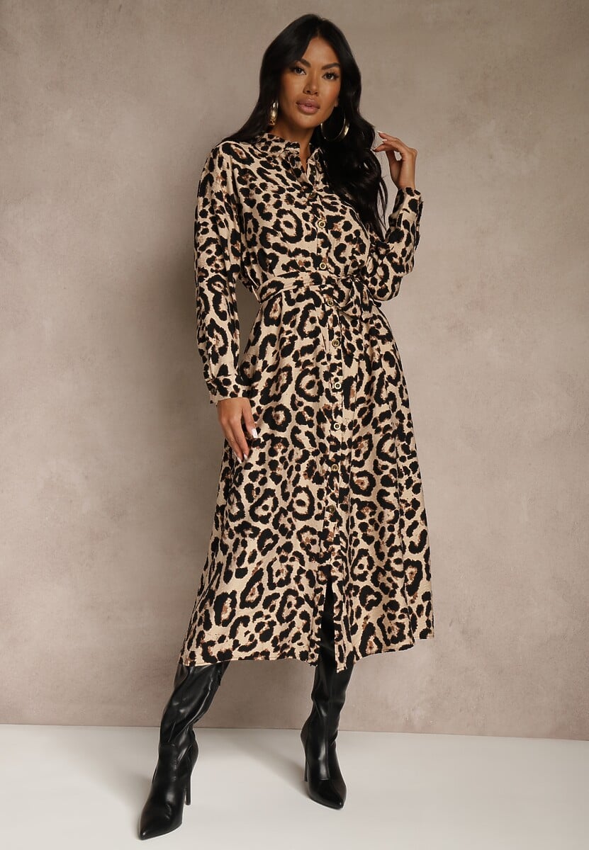 Panterkowa Panterkowa Sukienka z Wiskozą o Koszulowym Kroju z Wiązaniem Saros 1