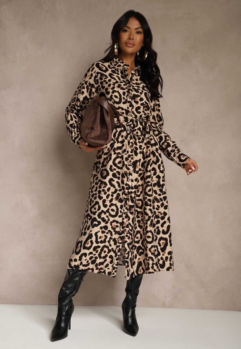 Panterkowa Panterkowa Sukienka z Wiskozą o Koszulowym Kroju z Wiązaniem Saros 2