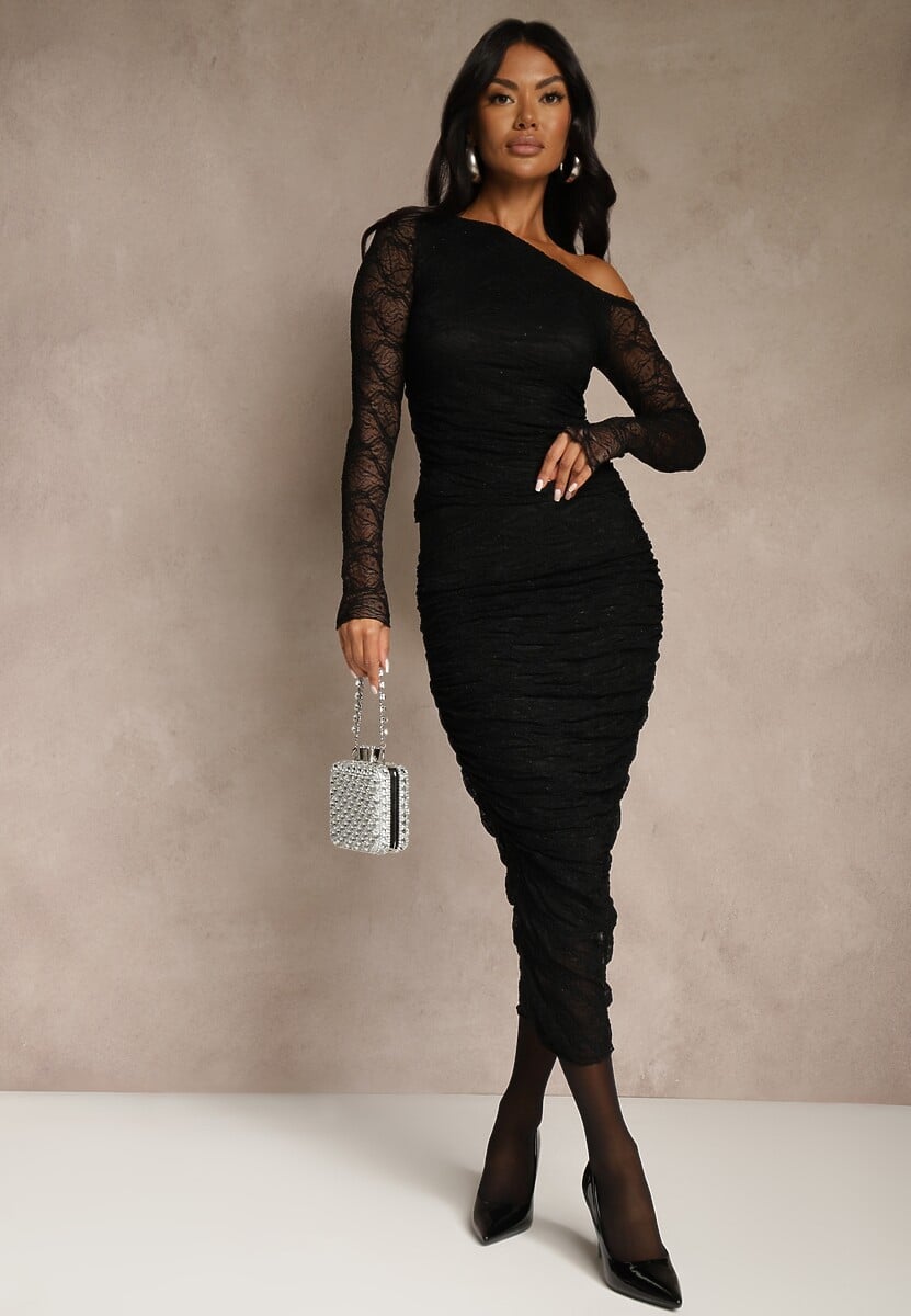 Czarny Komplet z Koronki Ołówkowa Spódnica i Longsleeve Off Shoulder Nerinaera 2