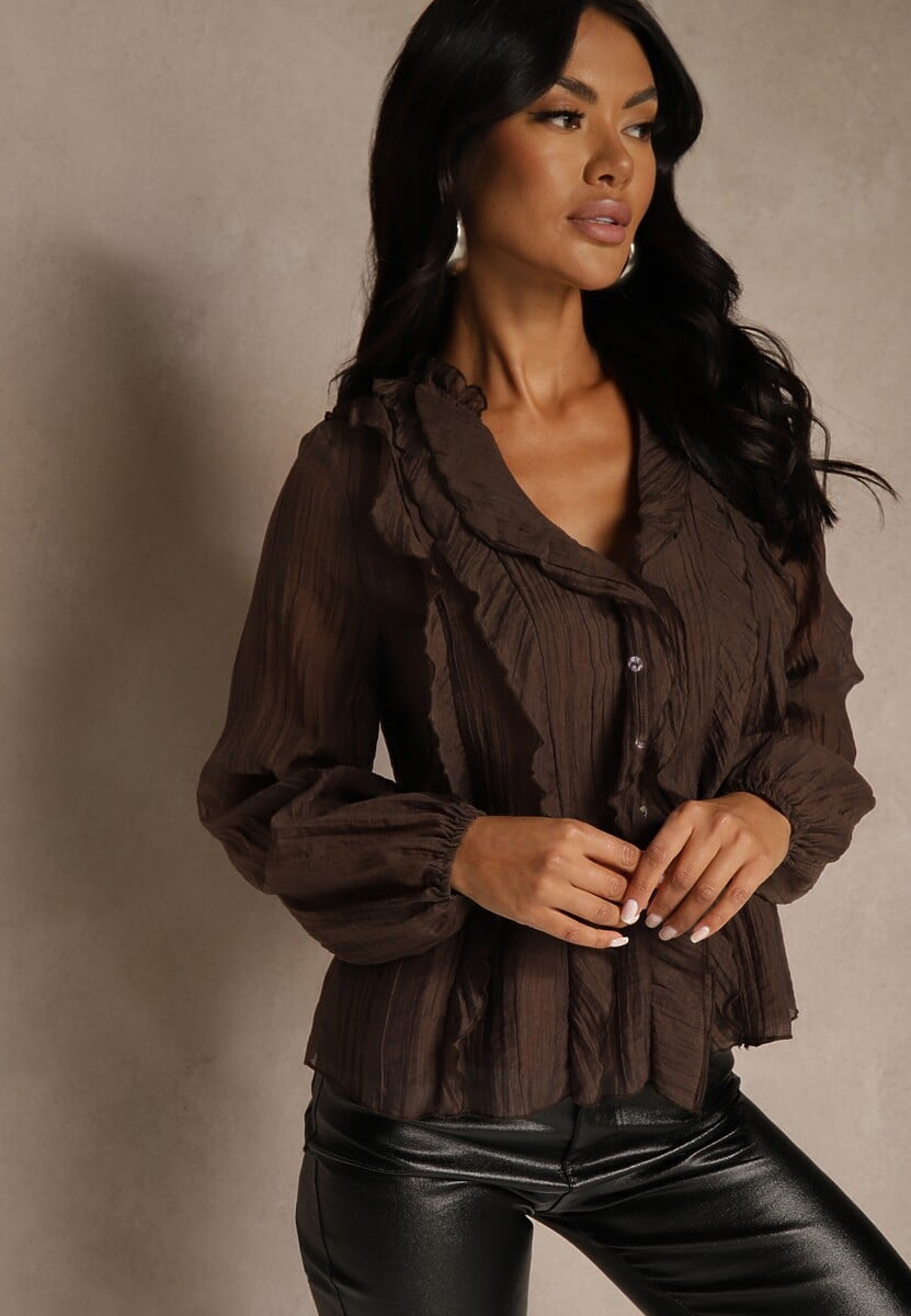 Brązowa Koszulowa Bluzka z Dekoltem V i Falbankami Calomia 2
