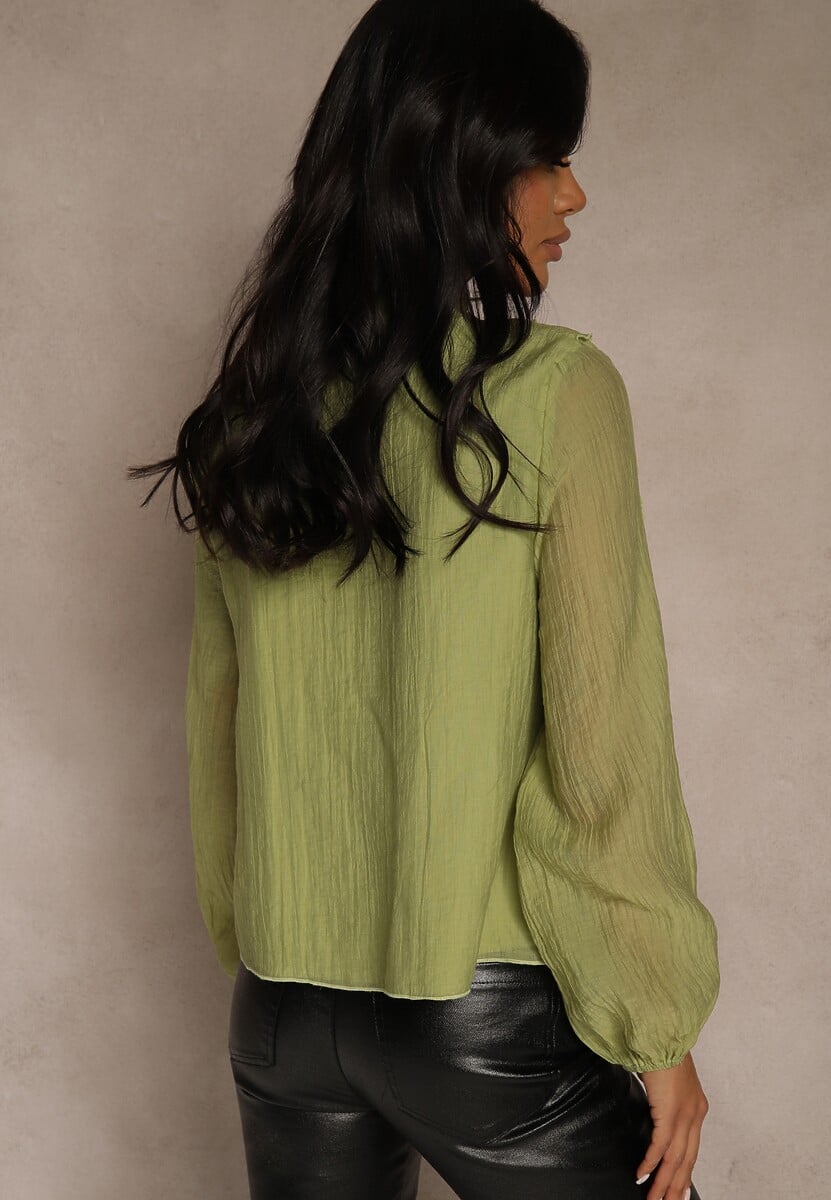 Ciemnobeżowa Koszulowa Bluzka z Dekoltem V i Falbankami Calomia 3