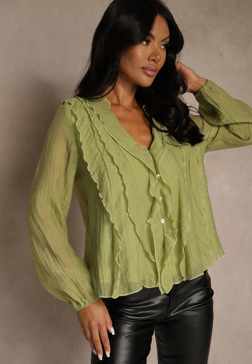 Ciemnobeżowa Koszulowa Bluzka z Dekoltem V i Falbankami Calomia 2