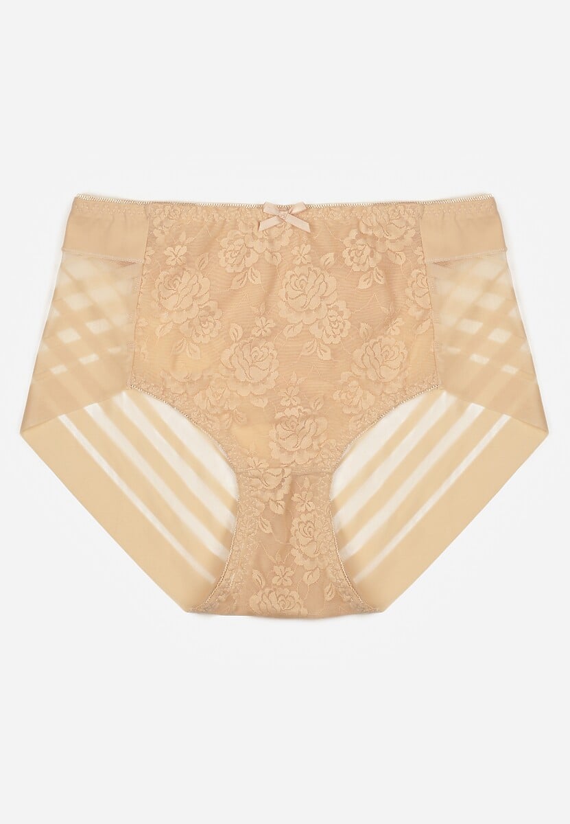 Beżowe Siateczkowe Majtki Figi High Waist z Koronkowymi Zdobieniami Heylih 1