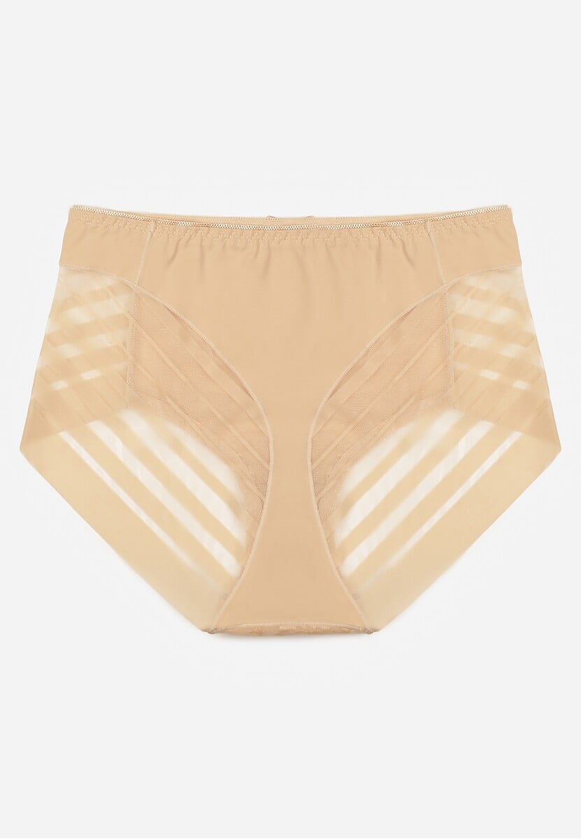 Beżowe Siateczkowe Majtki Figi High Waist z Koronkowymi Zdobieniami Heylih 2