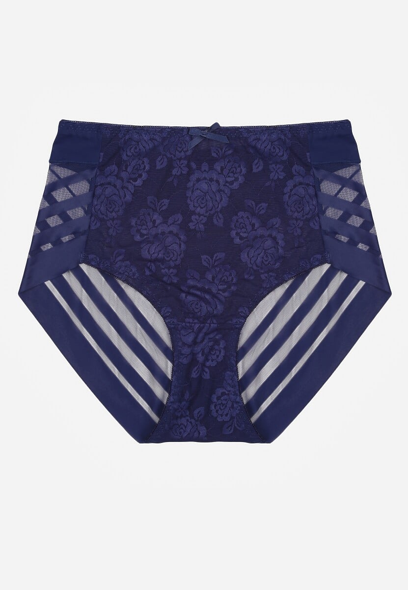 Granatowe Siateczkowe Majtki Figi High Waist z Koronkowymi Zdobieniami Heylih 1