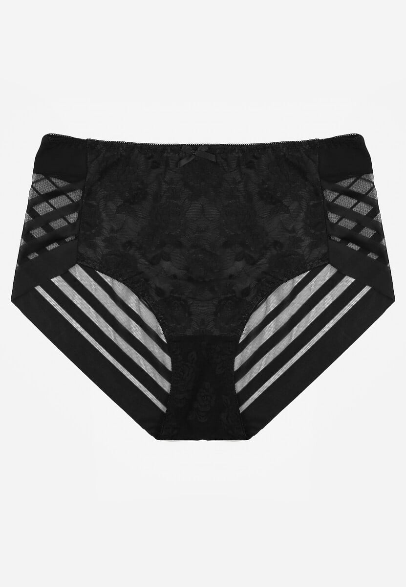 Czarne Siateczkowe Majtki Figi High Waist z Koronkowymi Zdobieniami Heylih 1