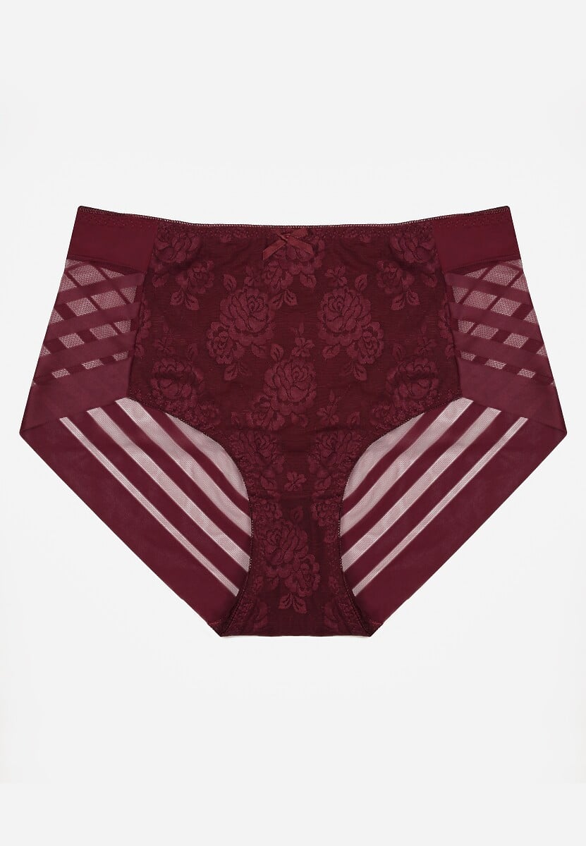 Bordowe Siateczkowe Majtki Figi High Waist z Koronkowymi Zdobieniami Heylih 1
