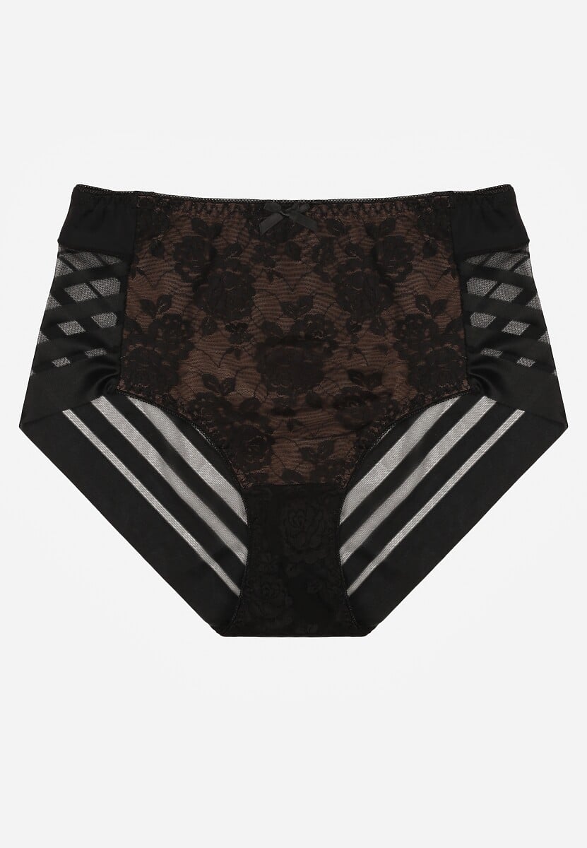Czarno-Beżowe Siateczkowe Majtki Figi High Waist z Koronkowymi Zdobieniami Heylih 1