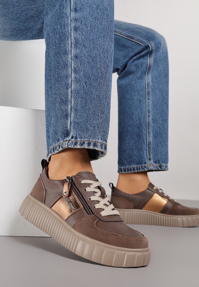 Brązowe Sneakersy ze Skóry Naturalnej z Metalicznym Zdobieniem Zorentee 1