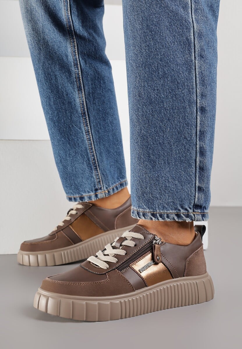 Brązowe Sneakersy ze Skóry Naturalnej z Metalicznym Zdobieniem Zorentee 2
