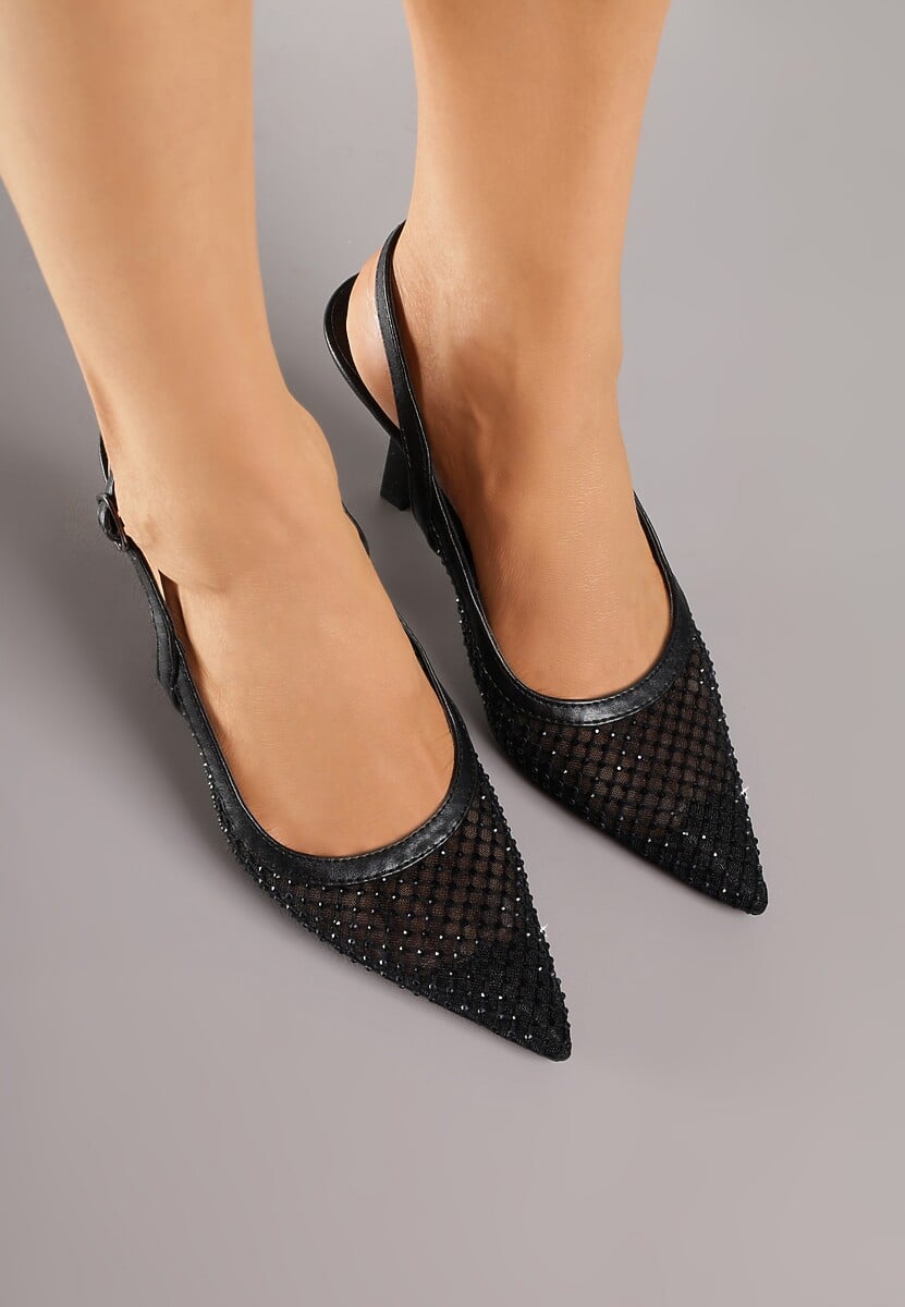 Czarne Siateczkowe Sandały na Szpilce Slingback z Cyrkoniami Nemenlaeno 3