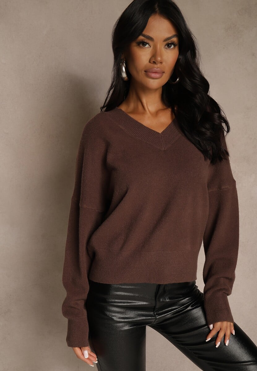 Brązowy Klasyczny Sweter z Wiskozą i Kaszmirem Marirra 1
