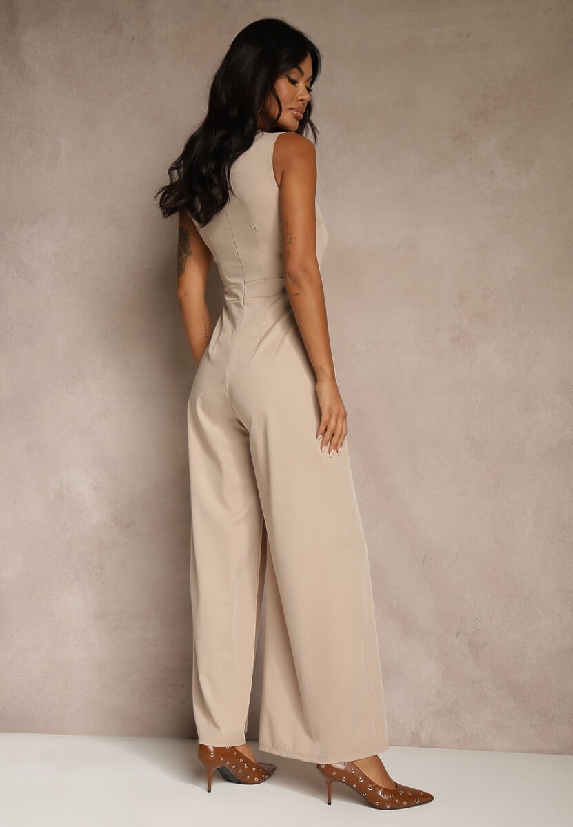 Beżowy Taliowany Kombinezon Ozdobiony Zakładkami Berinola 3