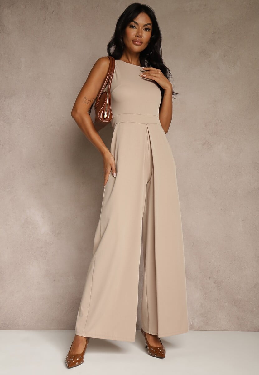 Beżowy Taliowany Kombinezon Ozdobiony Zakładkami Berinola 1