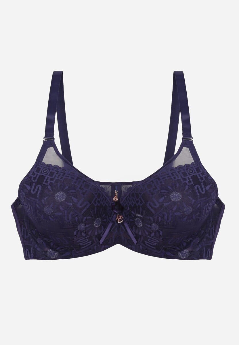 Granatowy Koronkowy Biustonosz Ozdobiony Przezroczystą Wstawką Acalinai 2