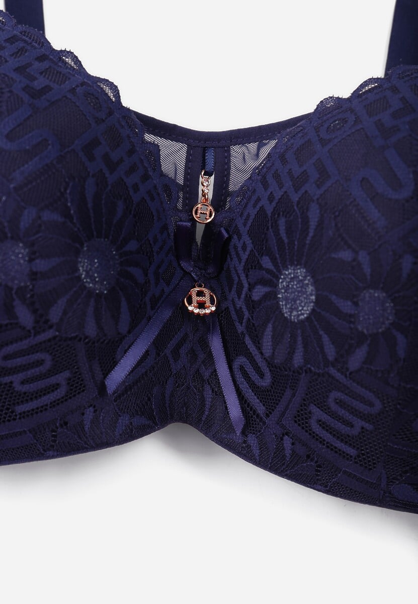 Granatowy Koronkowy Biustonosz Ozdobiony Przezroczystą Wstawką Acalinai 4