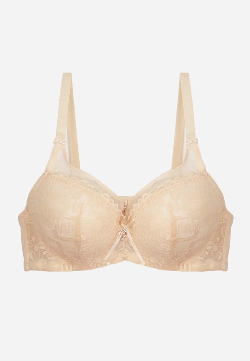 Jasnobeżowy Koronkowy Biustonosz Ozdobiony Przezroczystą Wstawką Acalinai 1