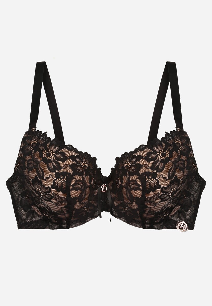 Czarno-Beżowy Biustonosz Ozdobiony Koronką i Kokardką Aqiany 2