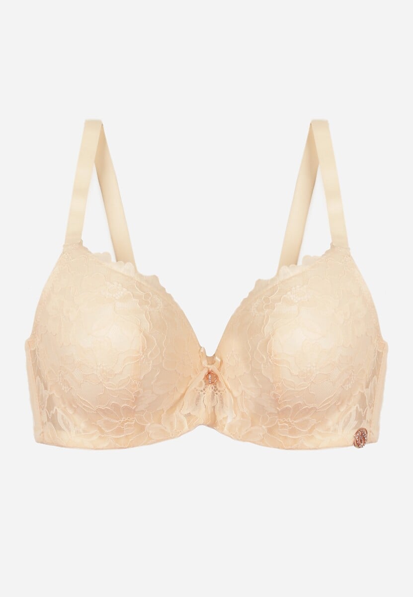 Jasnobeżowy Biustonosz Ozdobiony Koronką i Kokardką Aqiany 1