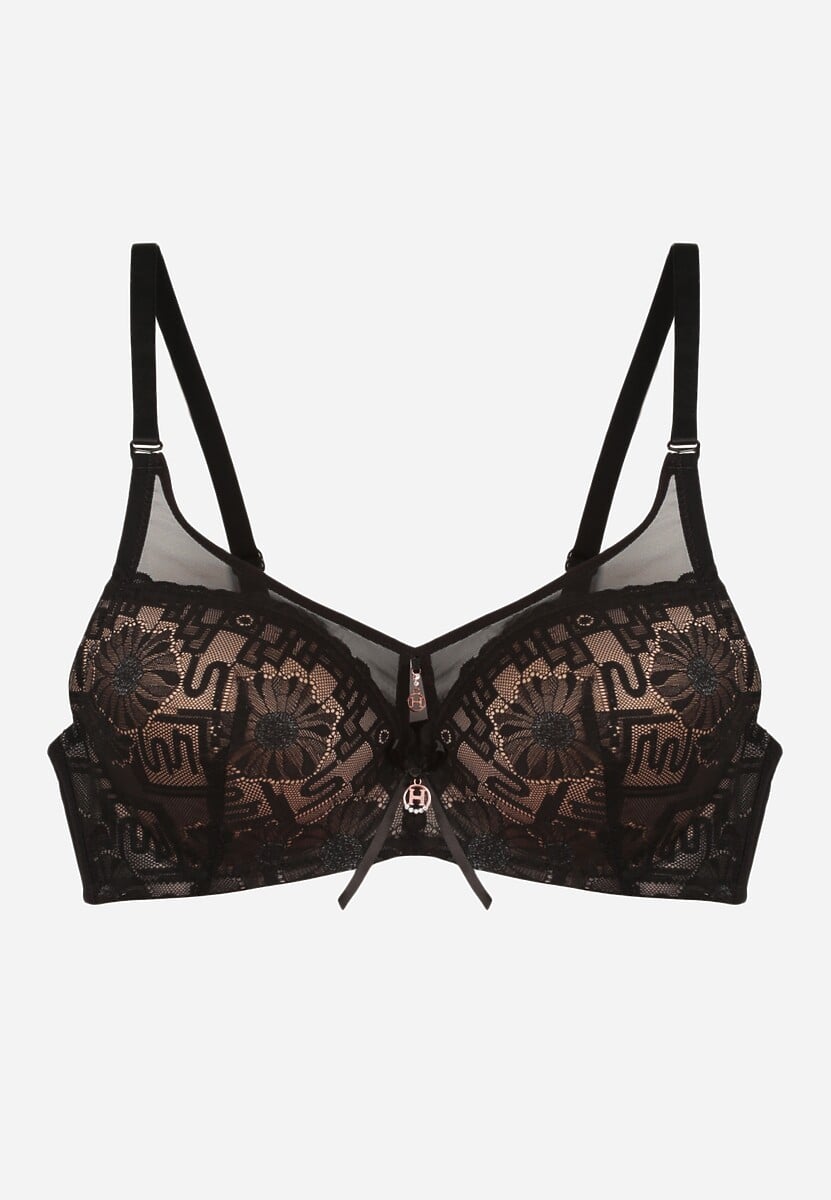 Czarno-Beżowy Biustonosz Ozdobiony Transparentnymi Wstawkami i Koronką Brannor 1