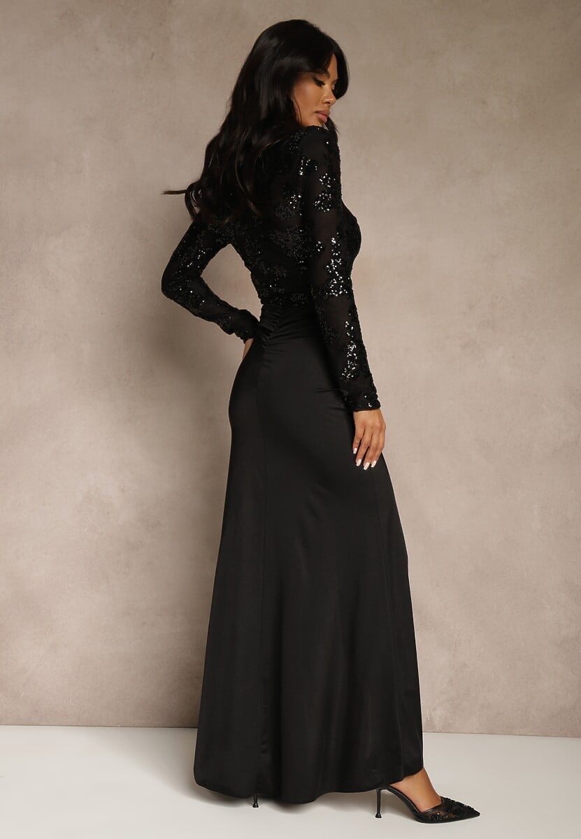 Czarna Koktajlowa Sukienka z Półgolfem Zdobiona Cekinami i Trenem Nautitune 3