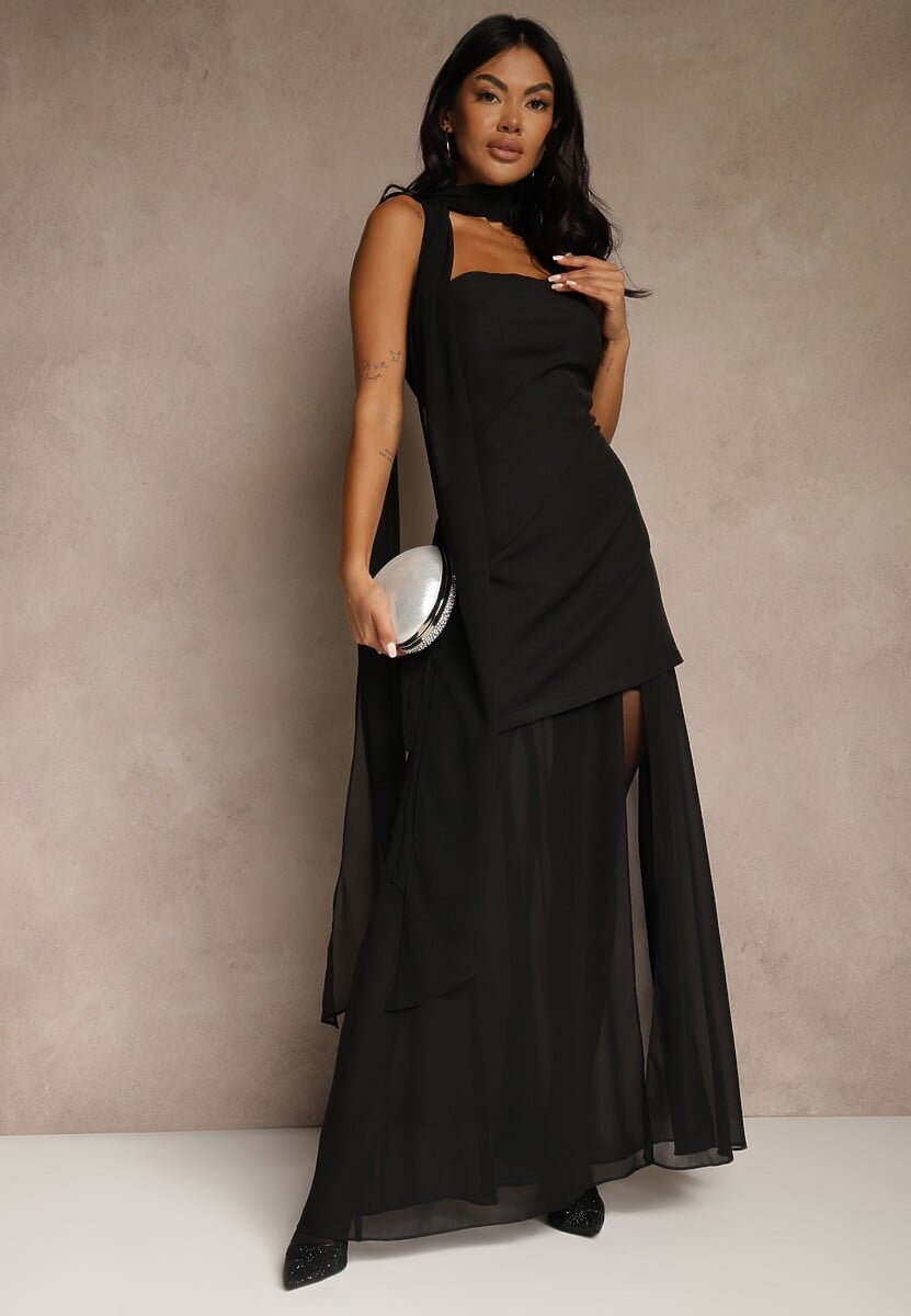 Czarna Wieczorowa Sukienka Bandeau z Dodatkowym Szalem Meridvia 1