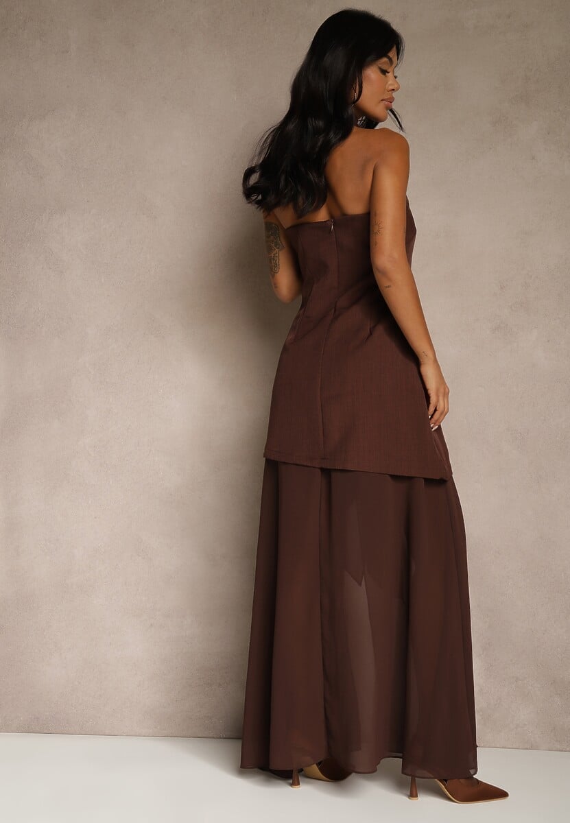 Brązowa Wieczorowa Sukienka Bandeau z Dodatkowym Szalem Meridvia 3