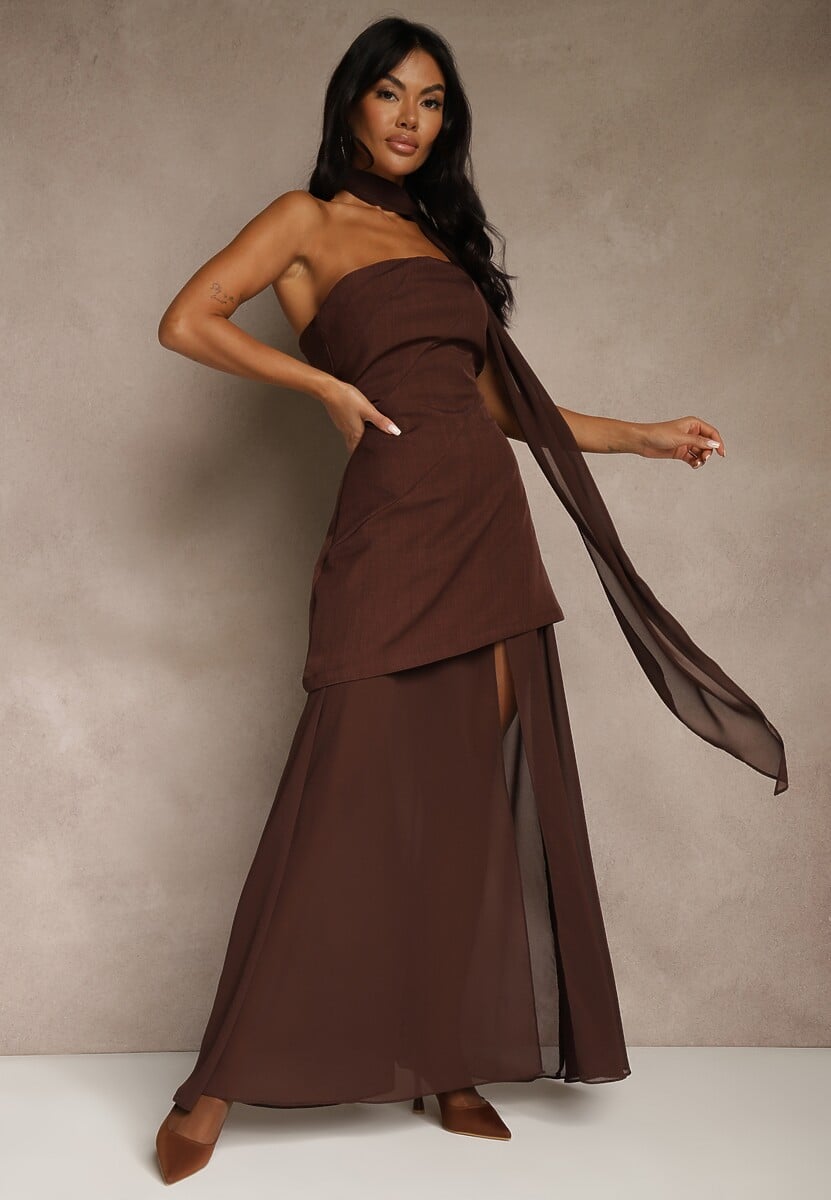 Brązowa Wieczorowa Sukienka Bandeau z Dodatkowym Szalem Meridvia 2