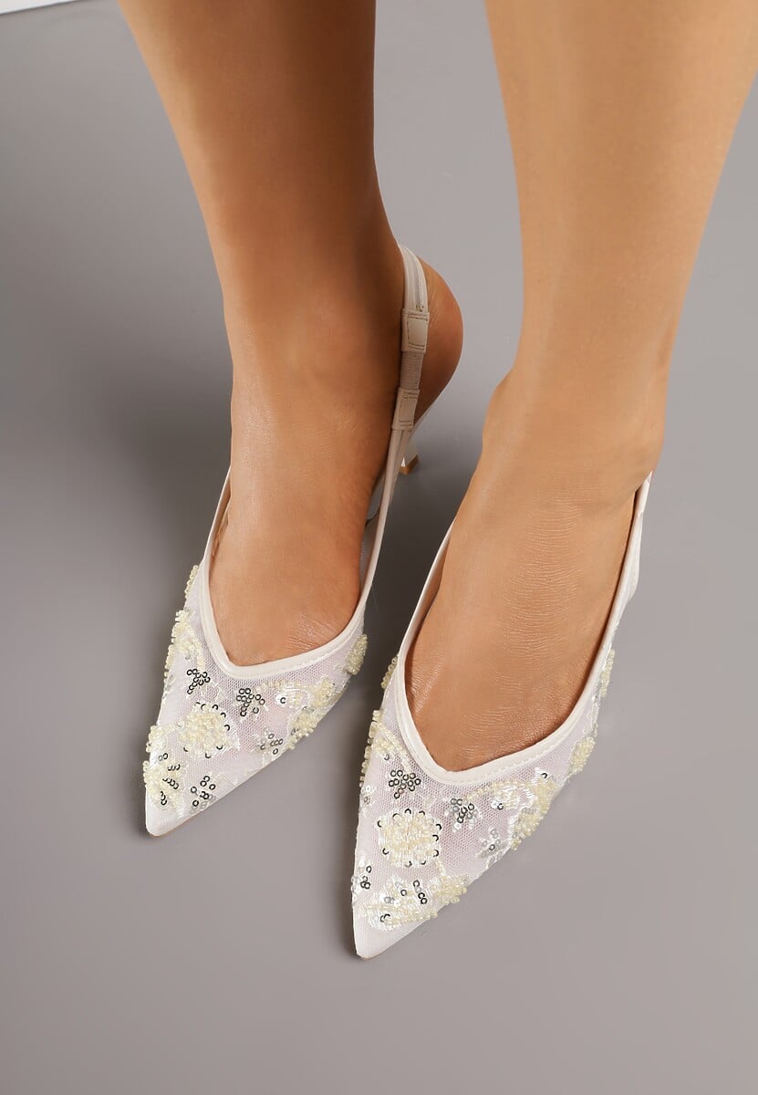 Beżowe Sandały na Szpilce Typu Slingback z Cekinami Resseris 3