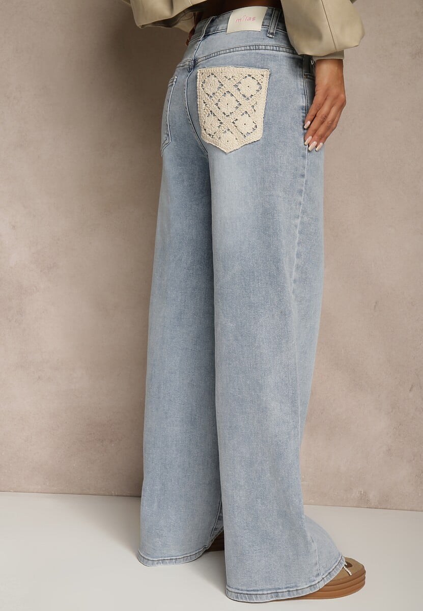 Niebieskie Szerokie Jeansy High Waist Zdobione Haftem na Kieszeni Thaola 3