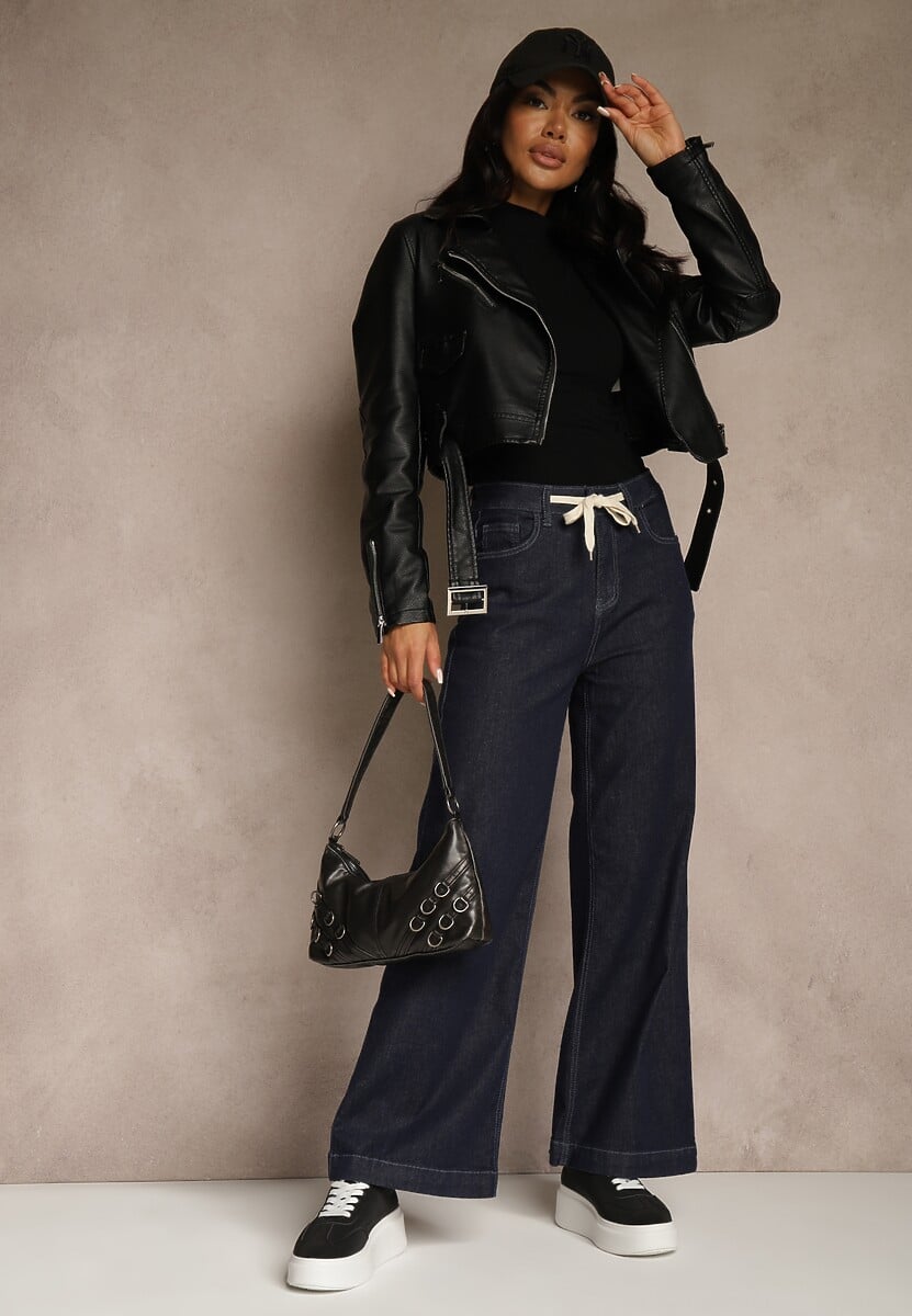 Niebieskie Jeansy z Bawełny High Waist z Ozdobną Sznurówką w Pasie Ohirvyra 2