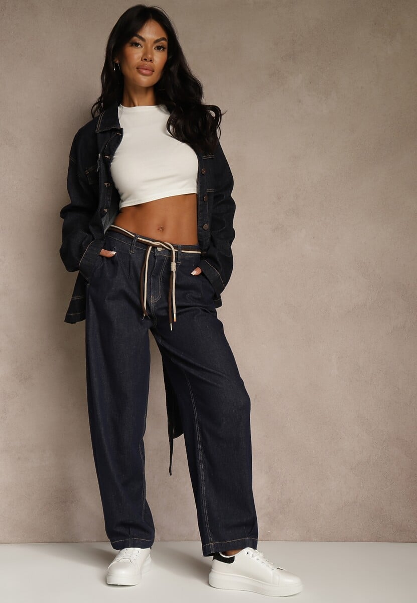 Niebieskie Szerokie Jeansy z Bawełny High Waist Ozdobione Sznurkiem Landa 2